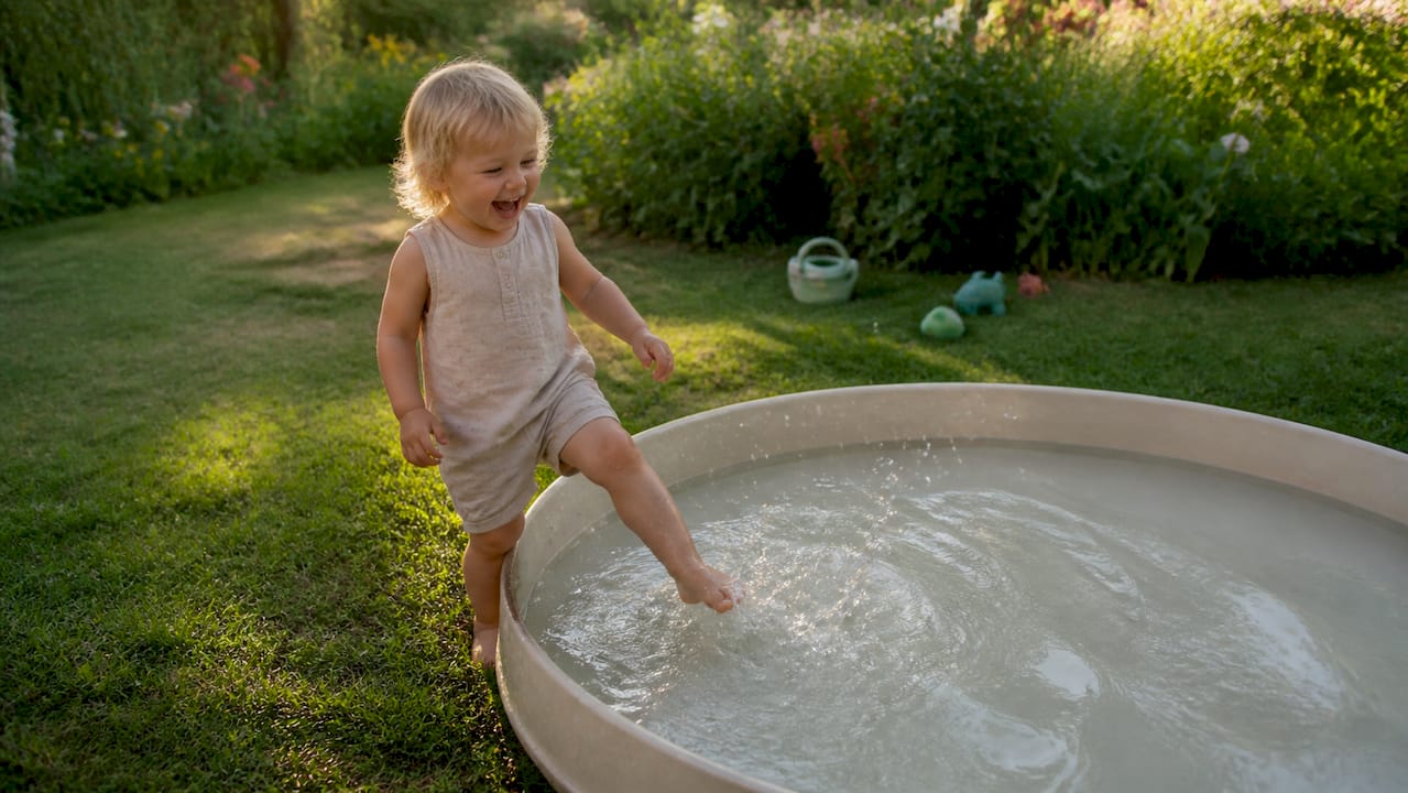 Ein Kleinkind planscht fröhlich am Rand des Pools und genießt das Spielen im Wasser.