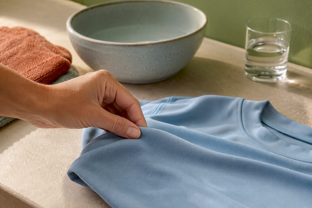 Hand überprüft die Struktur eines UV-Shirts