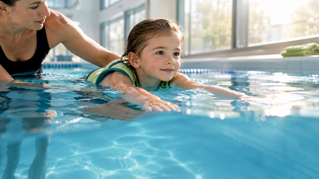 Kind gleitet beim Schwimmenlernen durchs Wasser