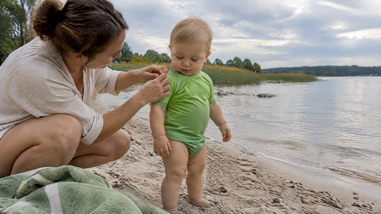 Baby trägt UV-Schutzshirt am Naturstrand