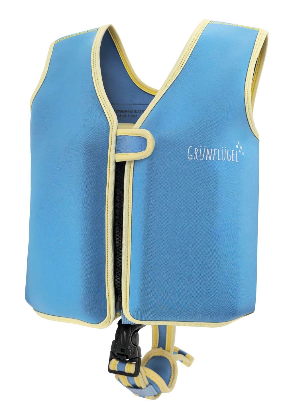 Blaue Grünflügel Kinder Schwimmweste aus Eco-Neopren – Vorderansicht mit Sicherheitsverschluss