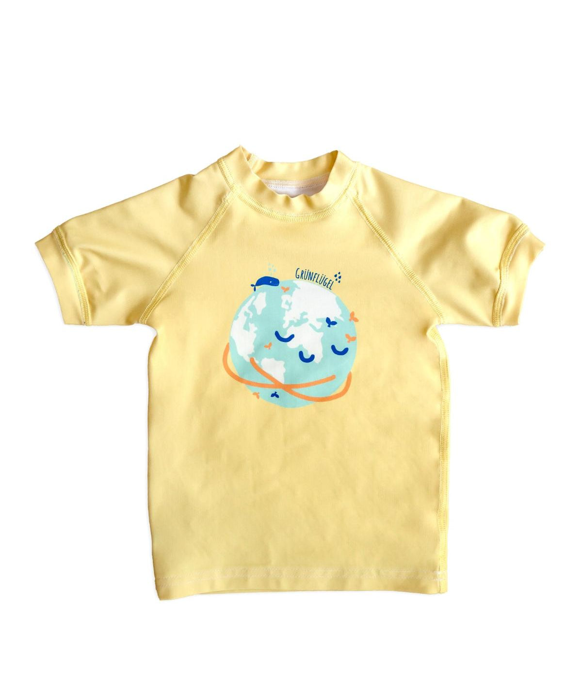 Gelbes Grünflügel UV-Shirt für Kinder mit Weltkugel-Print – Vorderansicht